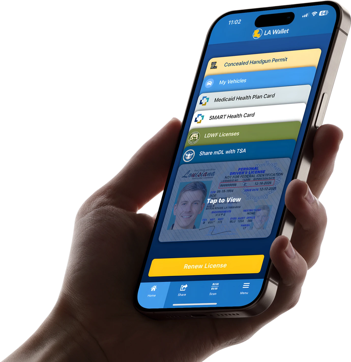 An iPhone held by a hand displaying the home page of the LA Wallet app which shows a list of ID cards