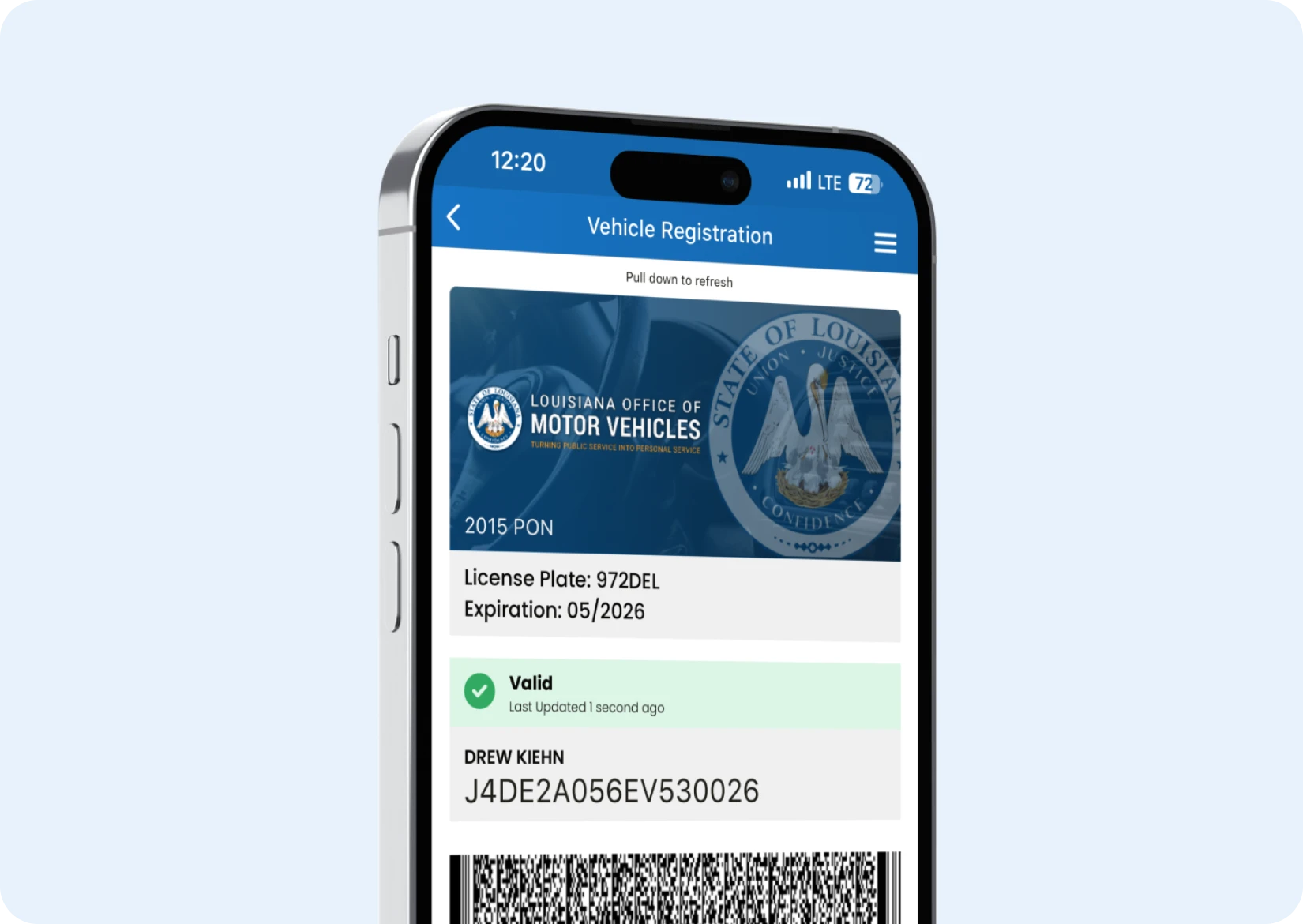 An iPhone displaying a vehicle registration card which shows license plate and expiration.