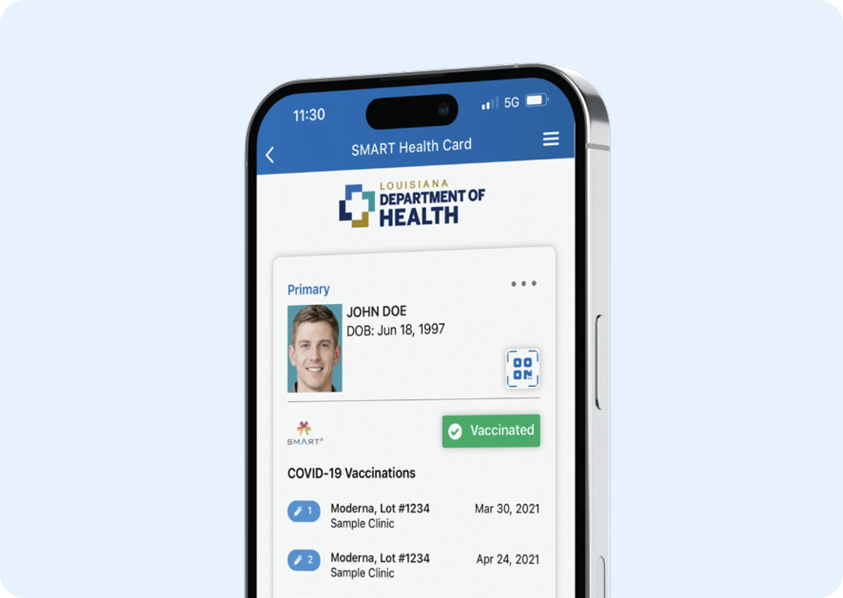 An iPhone displaying the smart health card from the department of health