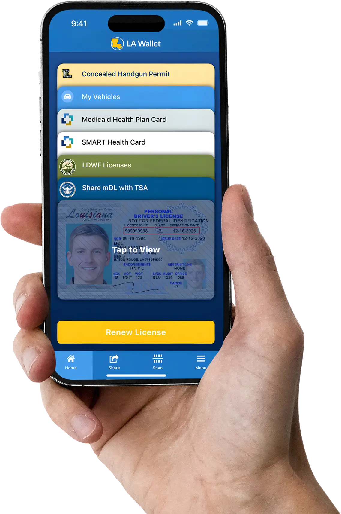 An iPhone held by a hand showing the home page of LA Wallet which contains multiple ID cards